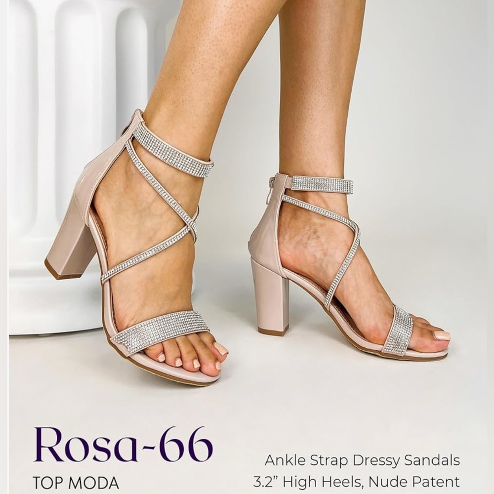 TOP Moda Formal Rhinestone Chunky Block Heel Sandal Crisscross Strappy Nude, 8.5 - Picture 3 of 9